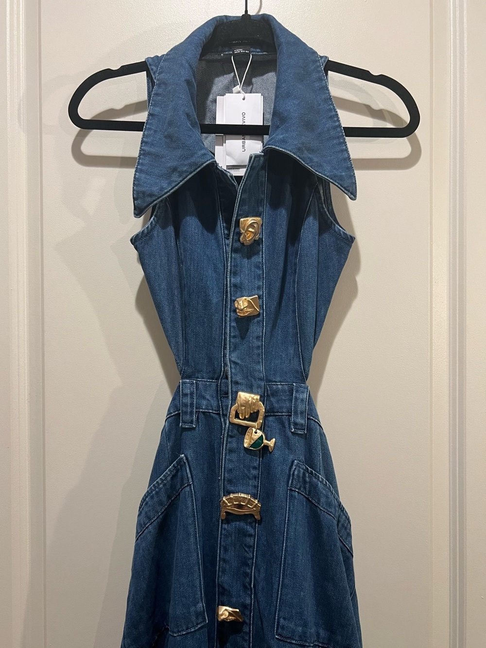 Urban Revivo Denim Cutout Maxi Dress Gold Hardware US 6 Medium NWT - Picture 3 of 9